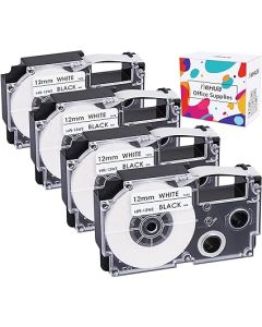 4 Pack Hehua Compatible XR-12WE2S 12mm Labeling Tapes Replace for Casio Label It Tape Cartridge 12mm Black on White XR-12WE XR12WE for EZ Label Printers KL-60 KL-100 KL-120 KL-430 KL-750 KL-780 KL-820